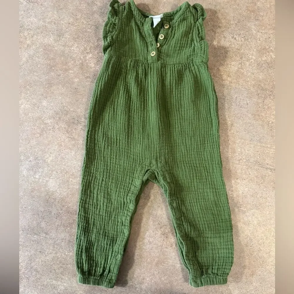 Cat & Jack Adorable Baby Girl Green Boho Sleeveless Romper, Size 18M Ruffles